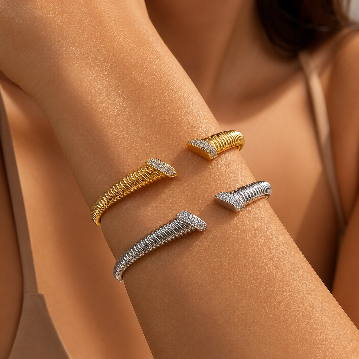 Dual Tone Ribbed Open Bangle