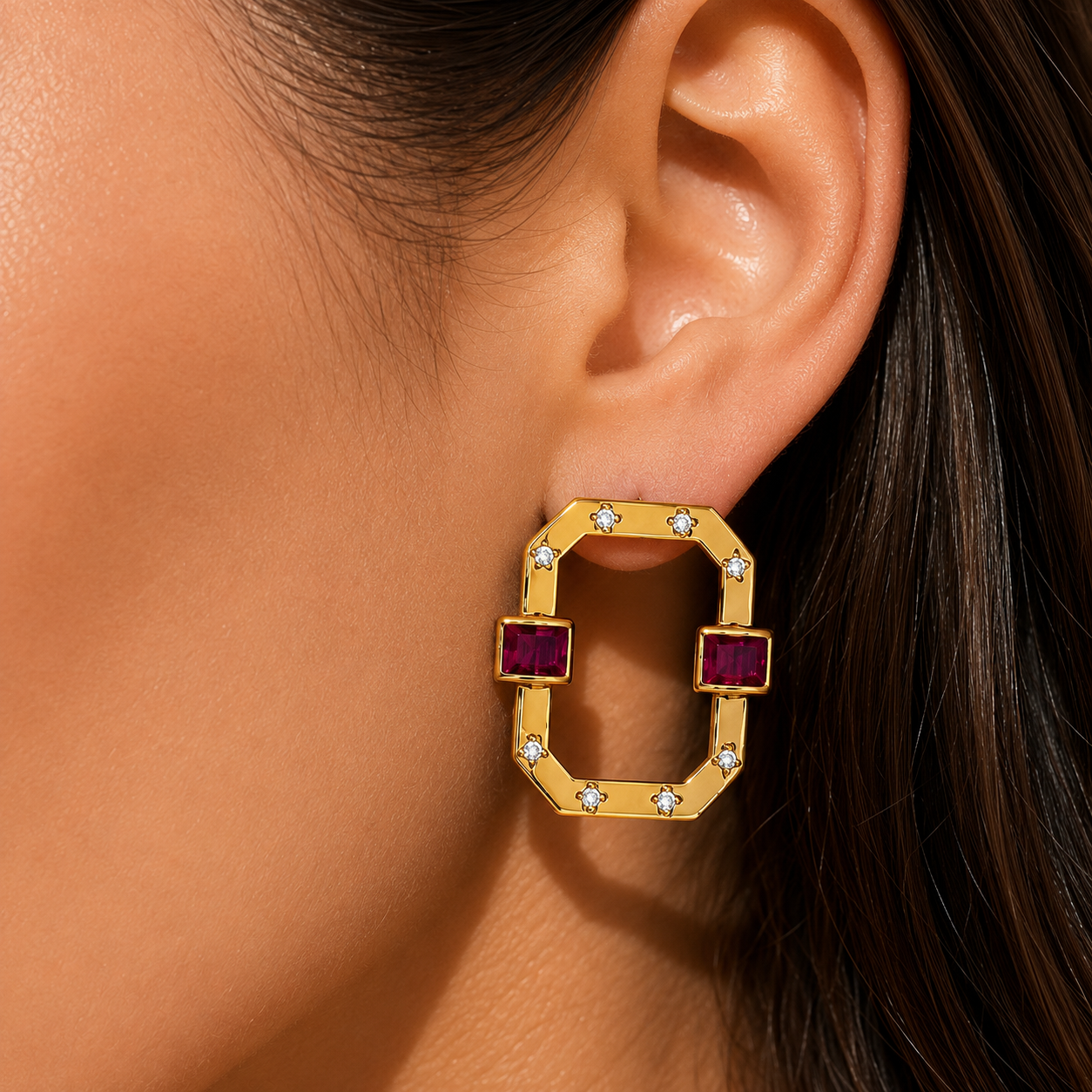 Ruby Halo Square Earrings