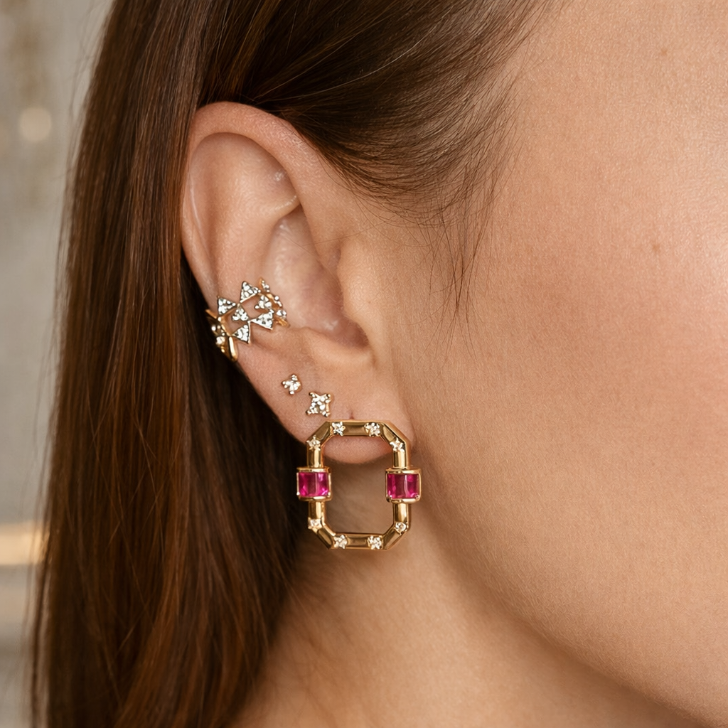 Ruby Halo Square Earrings