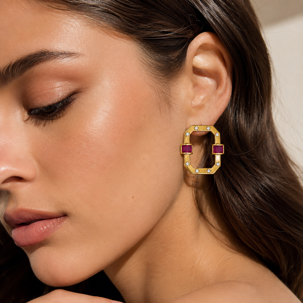 Ruby Halo Square Earrings